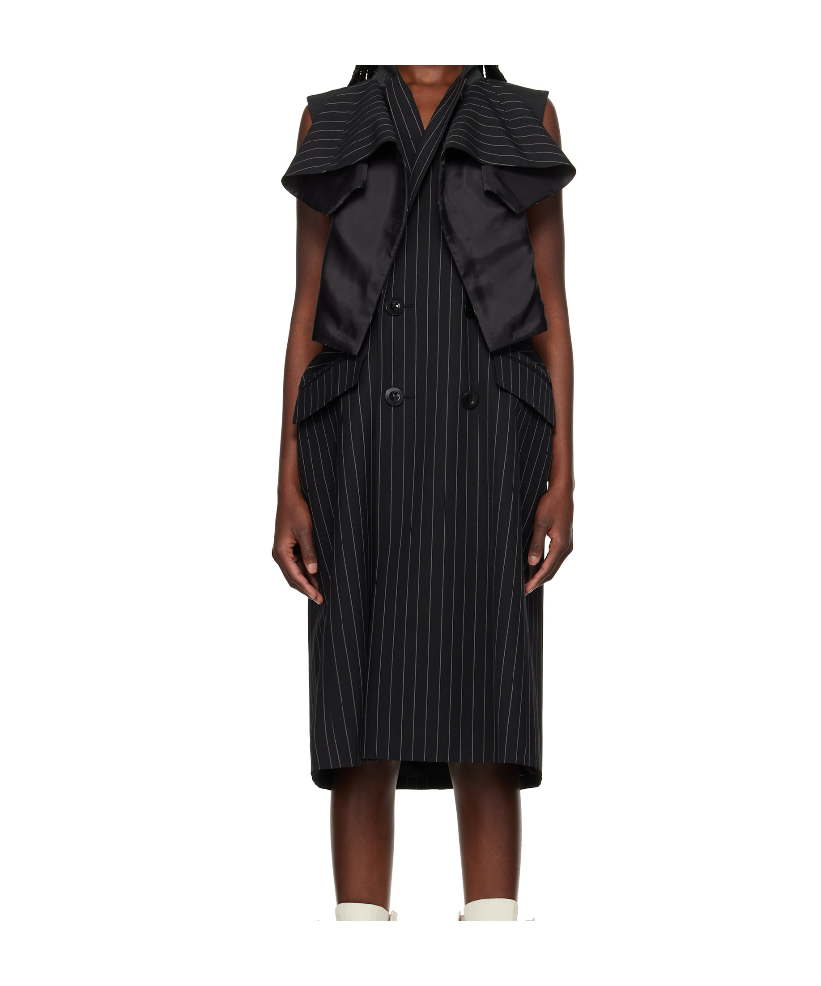 Sacai Black Wool Silk Suiting Midi Dress In Black