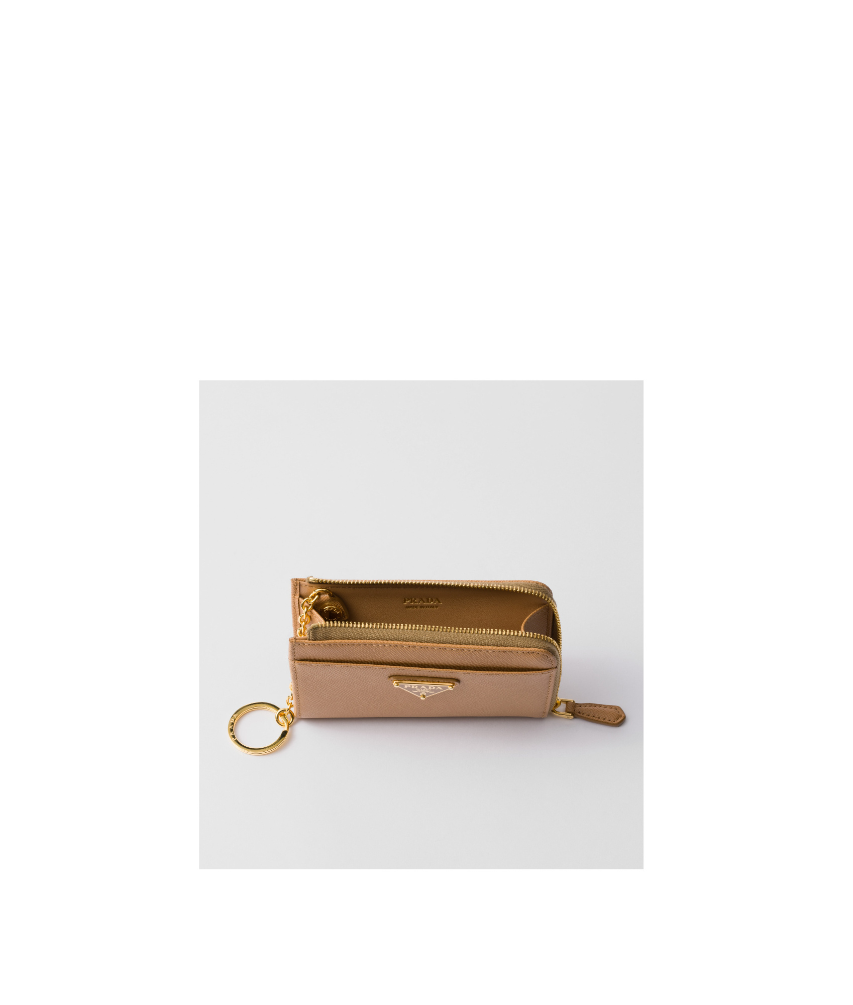 Shop Prada Saffiano Keychain In Neutral Color