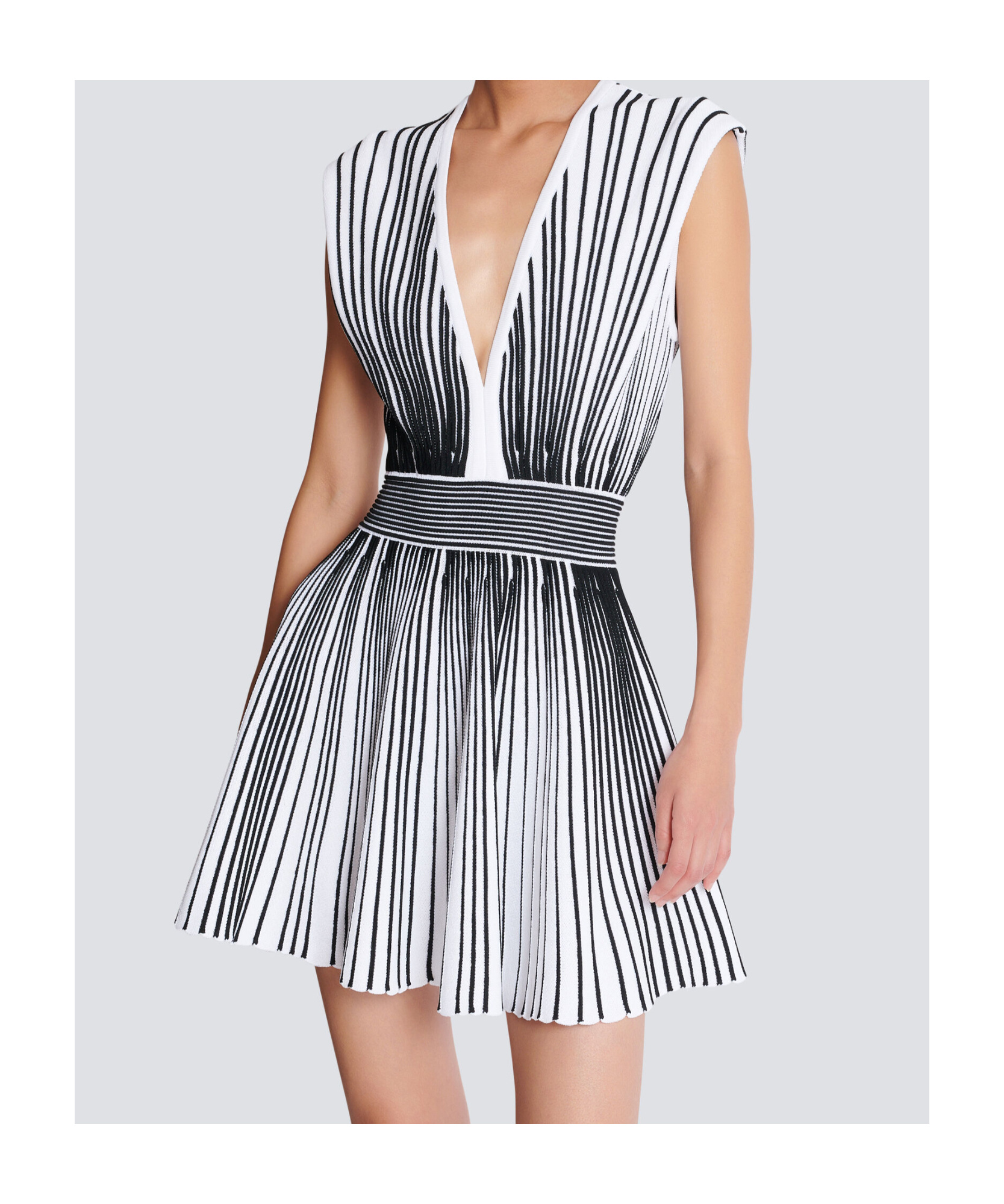 Shop Balmain Two-tone Flared Knit Dress In White