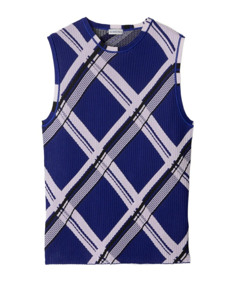 Shop Burberry Plaid-check Ribbed Silk Vest In Blue
