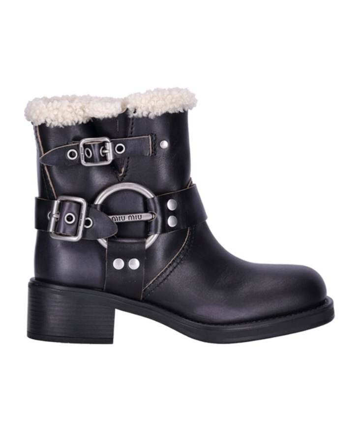 Miu Miu Women Shearling Biker Boots In Black