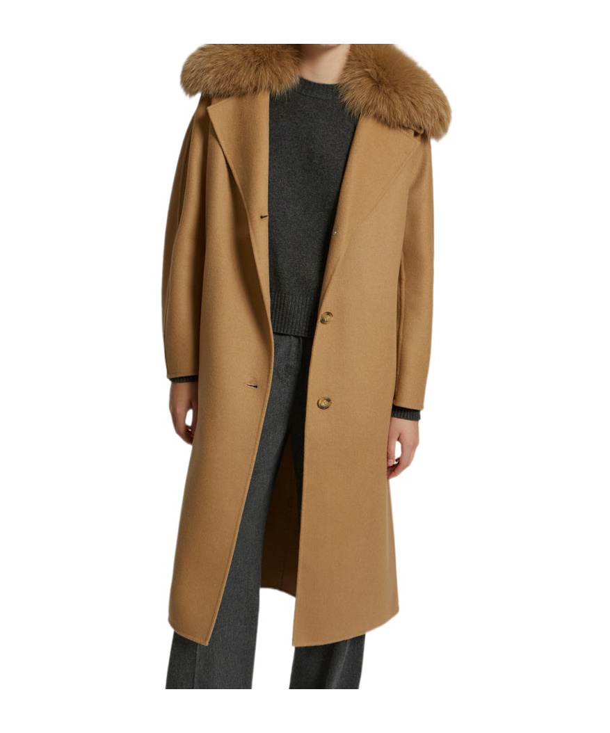 YVES SALOMON LONG BELTED COAT IN CASHMERE WOOL WITH FOX FUR COLLAR