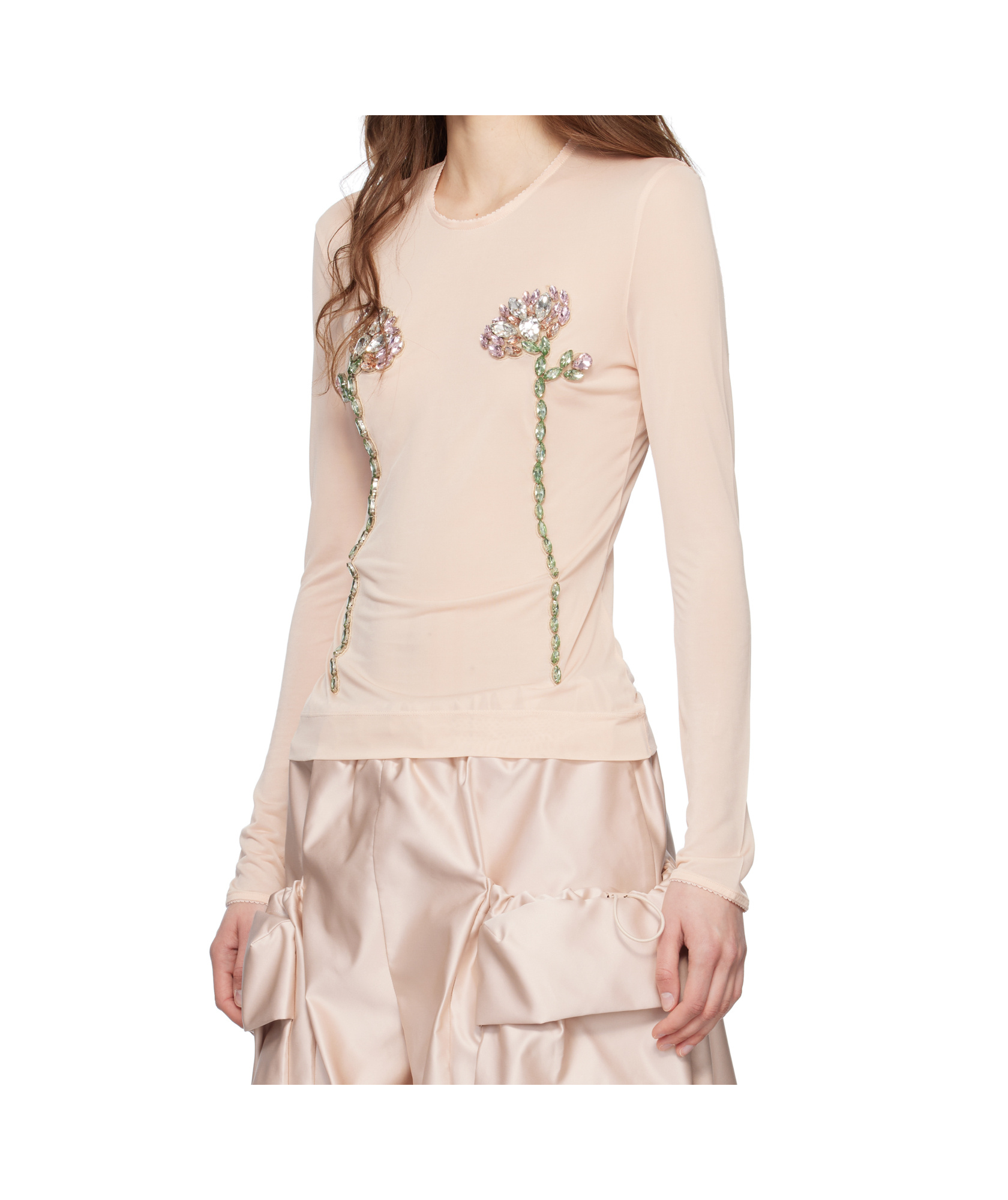 Simone Rocha Beige Embellished Double Carnation Mesh Top In Nude
