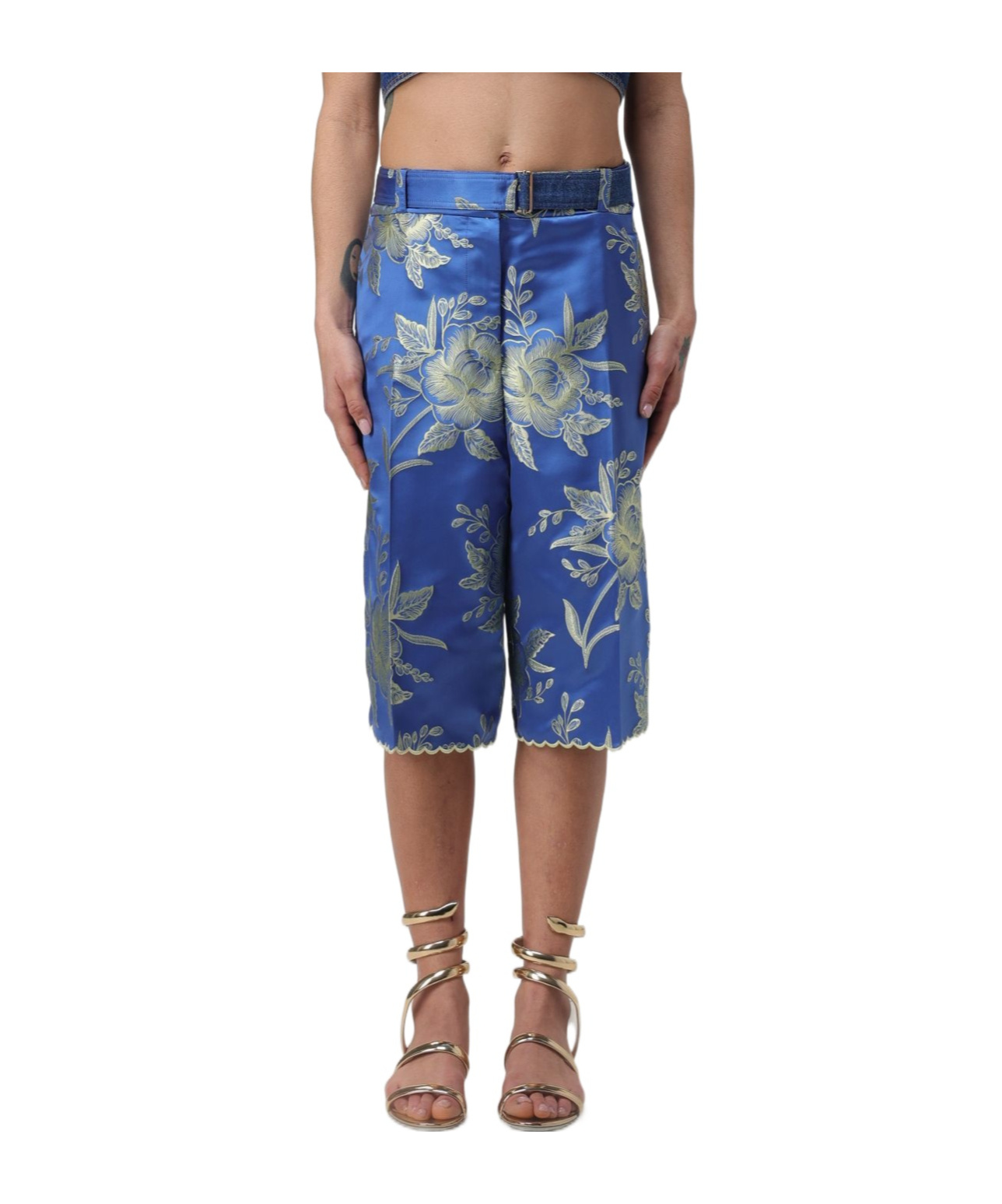 Etro Floral-jacquard Belted Shorts In Blue