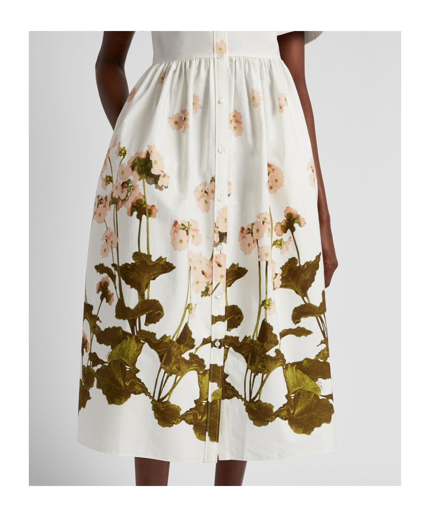 Erdem Floral Print Cotton Dress With Split Cuffs In White