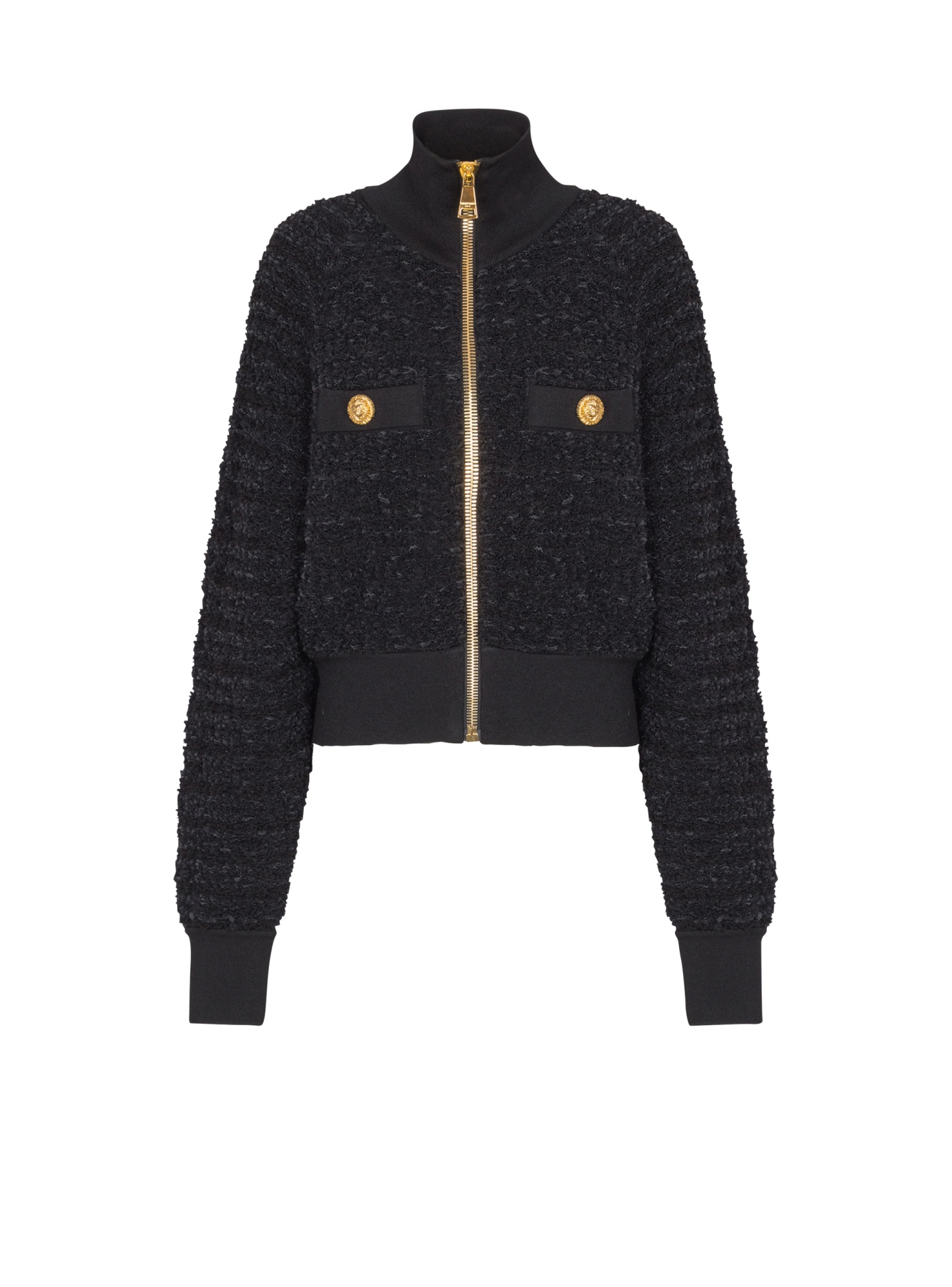 Balmain Textured Fabric Short Jacket With High Collar In Black