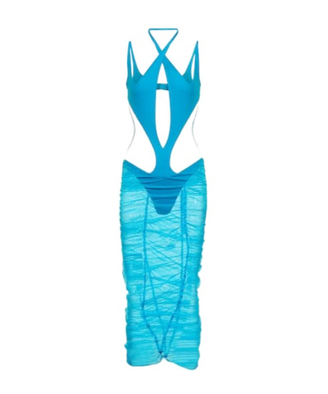 Mugler Cutout Paneled Tulle Midi Dress In Blue