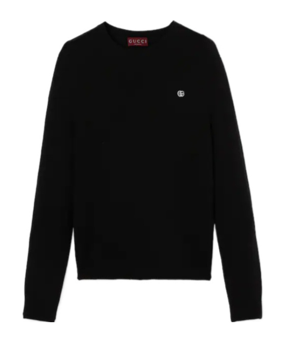 Gucci Black Crewneck Sweater With Gg Logo Embroidered On The Front In Wool And Cashmere Blend Man In Black