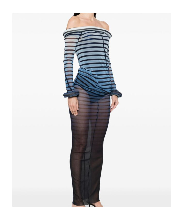 Jean Paul Gaultier Elegant Mesh Boat Neck Long Dress With 3d Collar And Cuff In Black