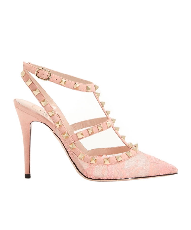 Valentino Garavani Rockstud Lace Pump With Straps 100mm Woman Peach Rose 40 In Pink