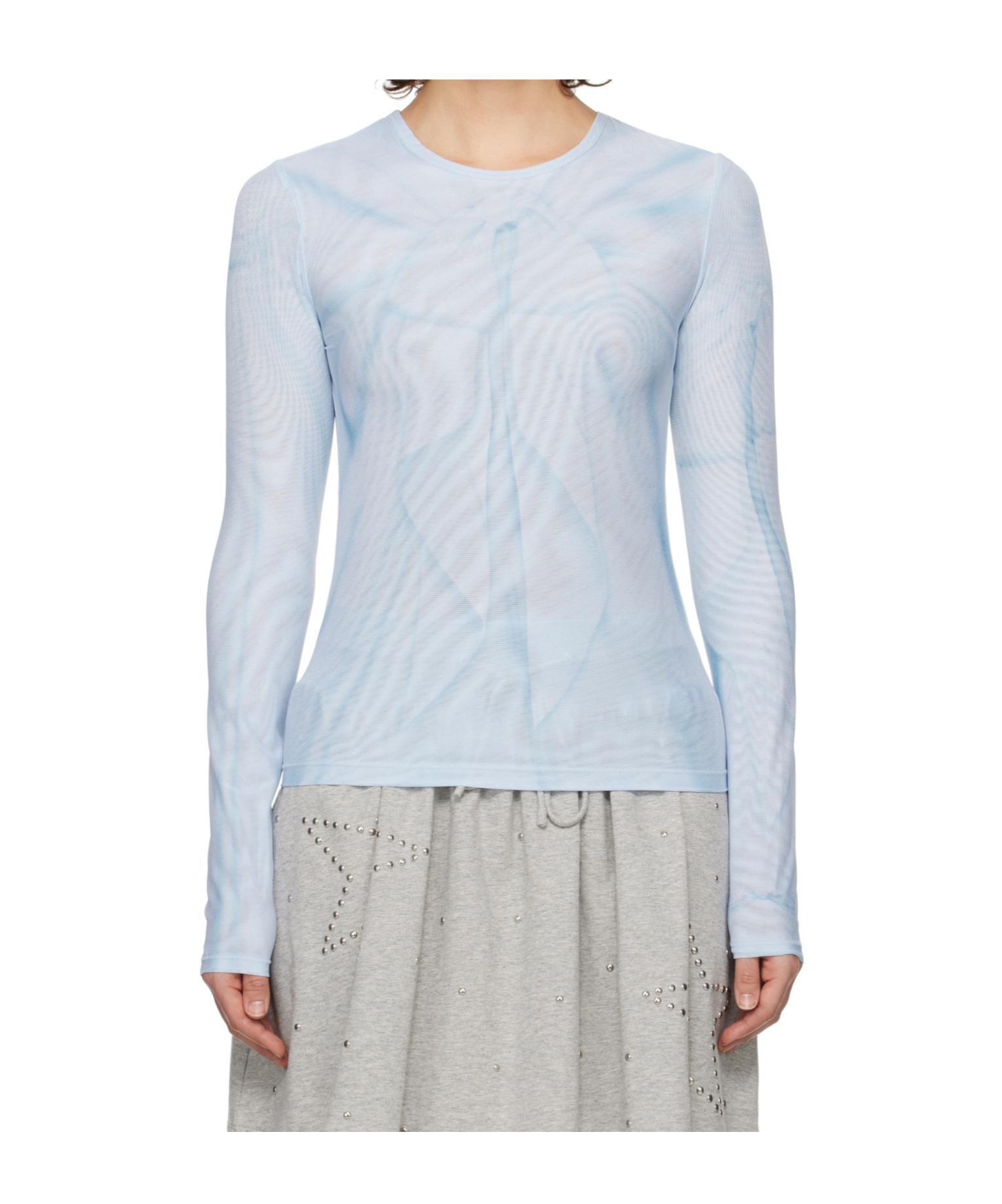 Open Yy Ribbon Print Mesh Long-sleeved T-shirt In Blue