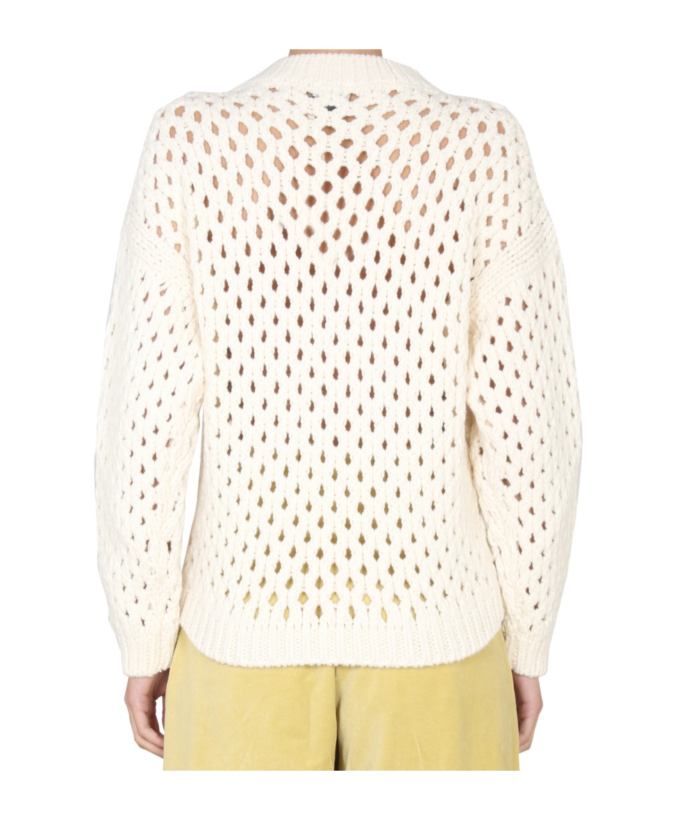 Alysi Cross-neck Knit Sweater With Ribbed Details In Beige