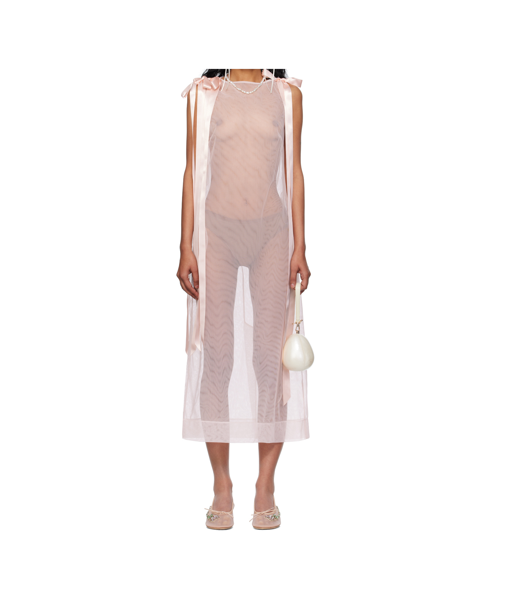 Simone Rocha Pink Sheer Bow Ribbon Tail Midi Dress In Pink