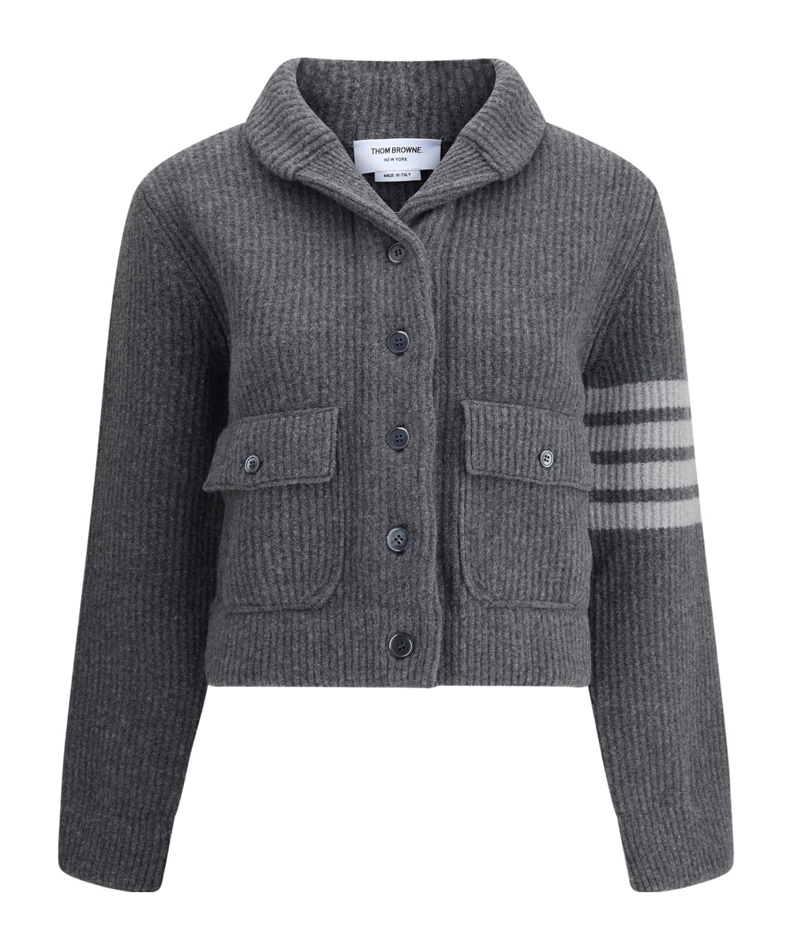 Thom Browne Ribbed Knit Wool Jacket With Striped Detail In Gray