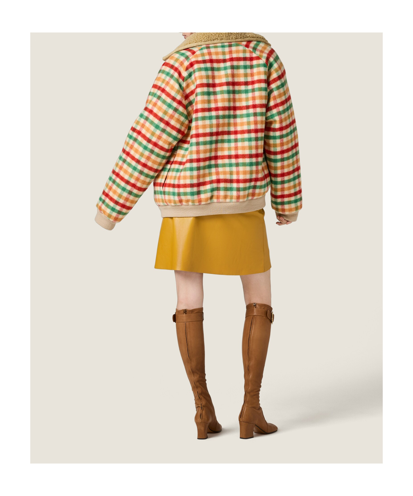 Miu Miu Wool Jacket Plaid Pattern Shearling Collar In Multi