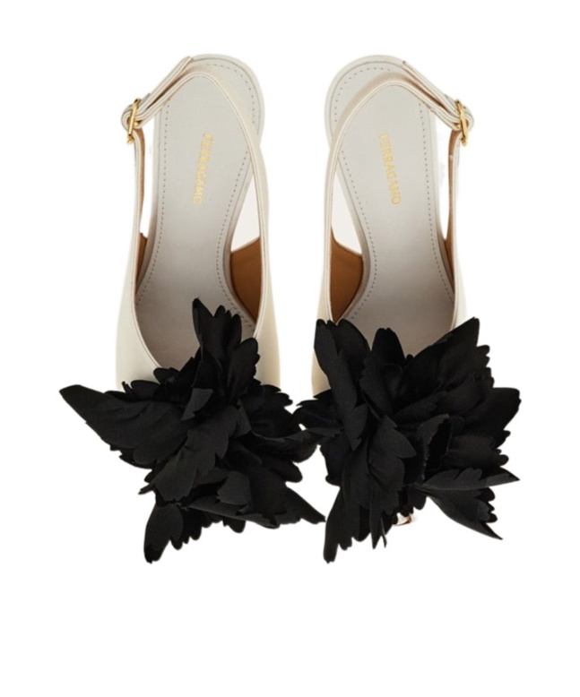 Ferragamo Flower Embellished Slingback In White