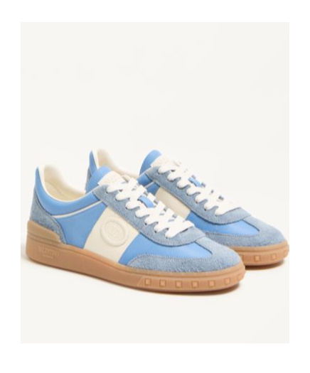 Valentino Upvillage Sneaker In Crust Leather With Nappa Calfskin Leather Band In Gray/sky Blue