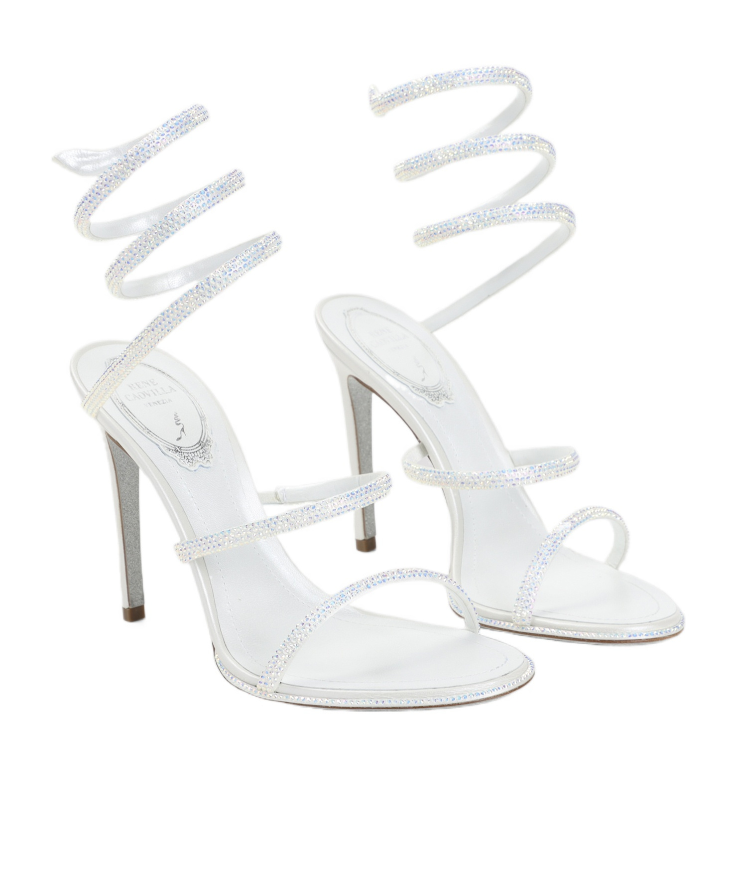 René Caovilla Spiral Strap Open Toe Sandals With Embellishments In White