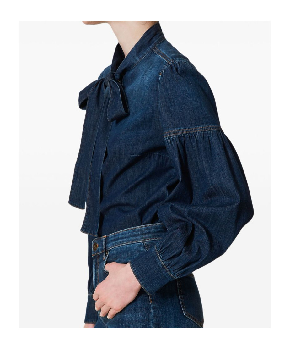 Shop Twinset Pussy-bow Denim Shirt In Black