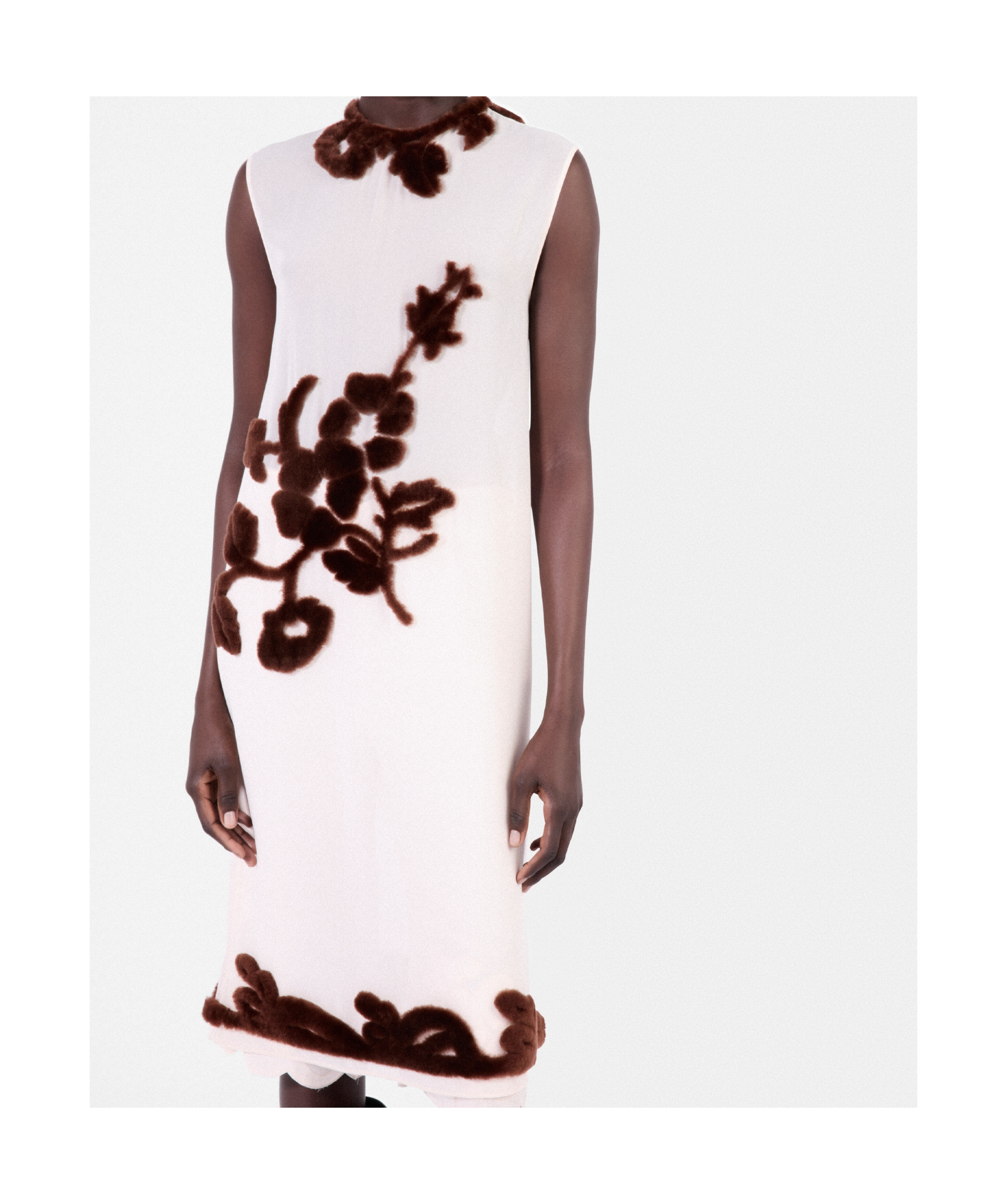 Prada Georgette Dress With Floral Appliqué And Tie Waist In Brown
