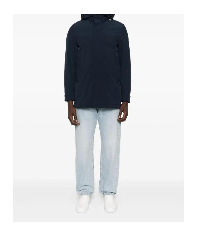 Woolrich Navy Blue Hooded Jacket With Concealed Fastening In Animal Print