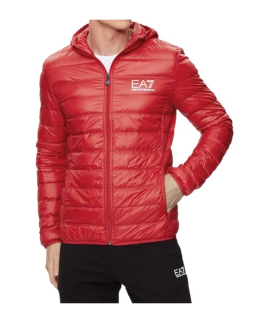 Ea7 Printed Hooded Down Jacket In Red