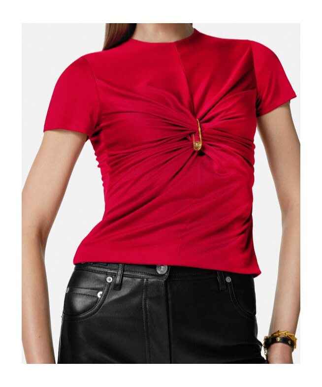 Versace Safety Pin Gathered Short-sleeved Top In Red