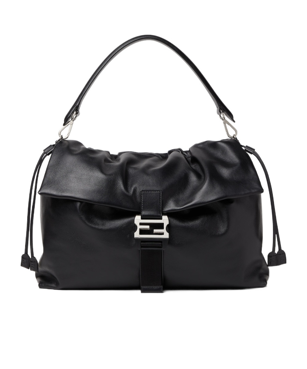 Fendi Flux Maxi Black Leather Crossbody Bag In Black