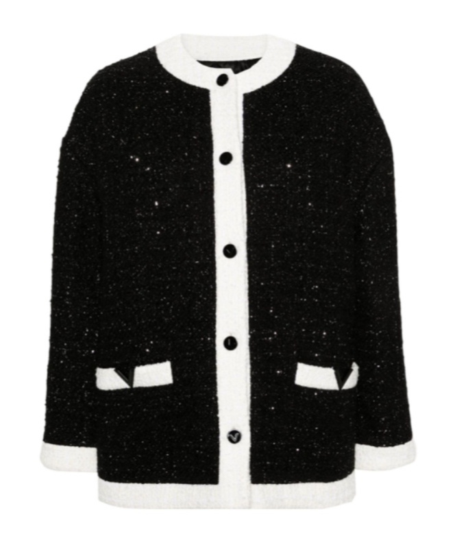 Valentino Tweed Round Collar Casual Jacket In Black