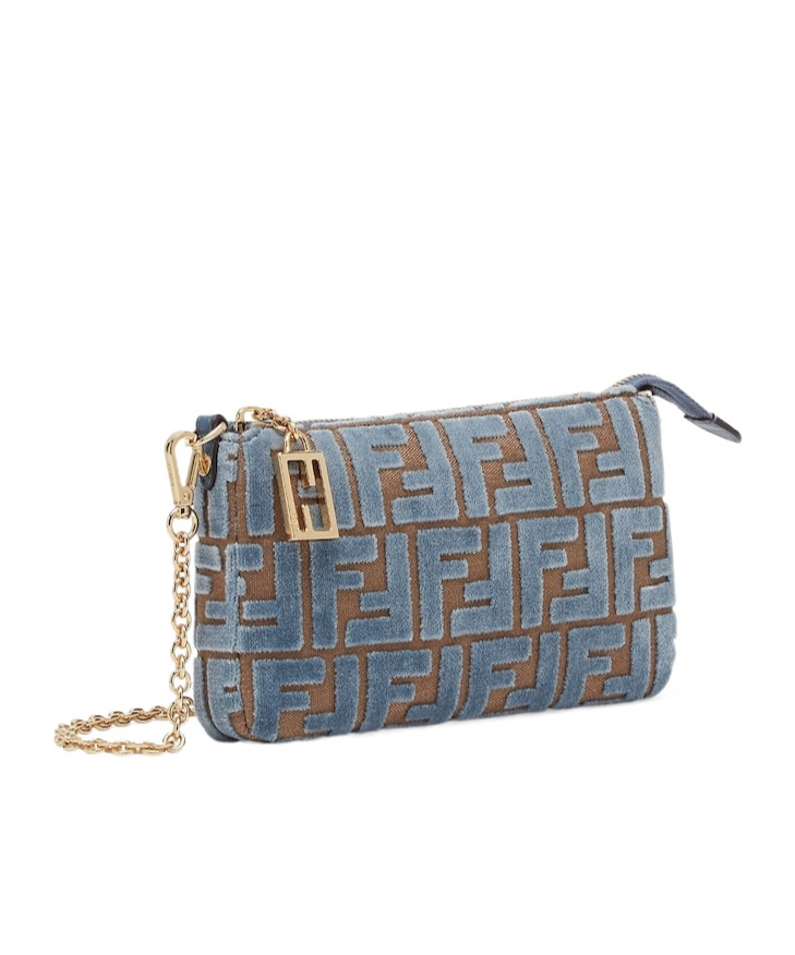 FENDI LIGHT BLUE JACQUARD FF VELVET POUCH WITH CHAIN