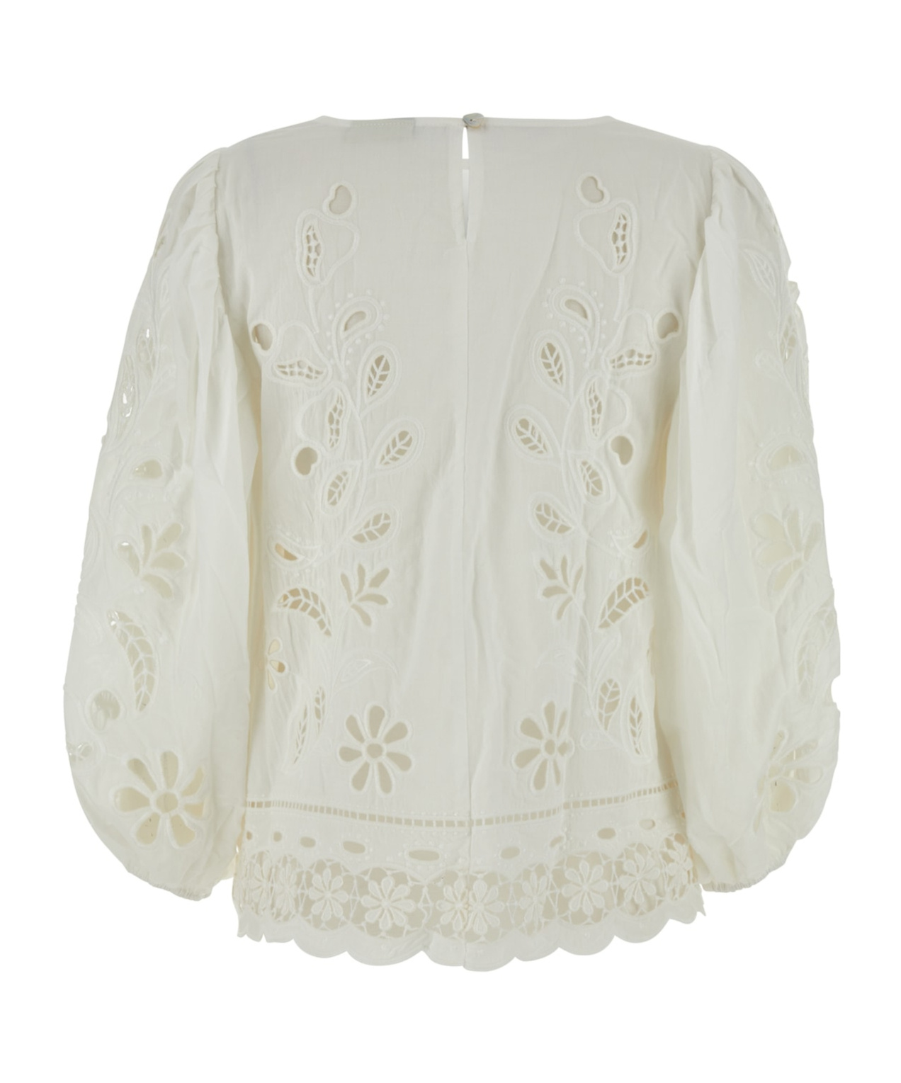Farm Rio White Blouse With Puffed Sleeves In Techno Fabric Woman In White