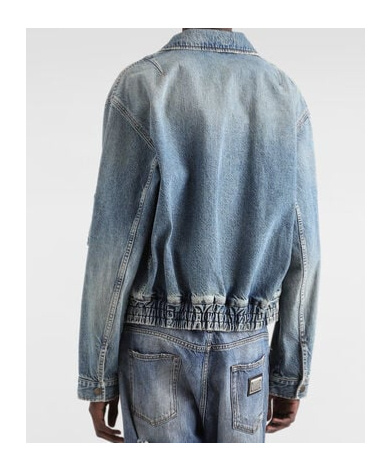 Dolce & Gabbana Blue Cotton Tag Denim Bomber Jacket In Blue