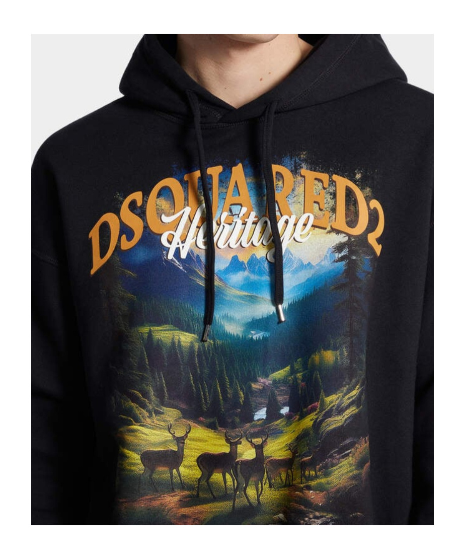 Dsquared2 Scenic Mountain Landscape Hoodie With Drawstring Detail In Black