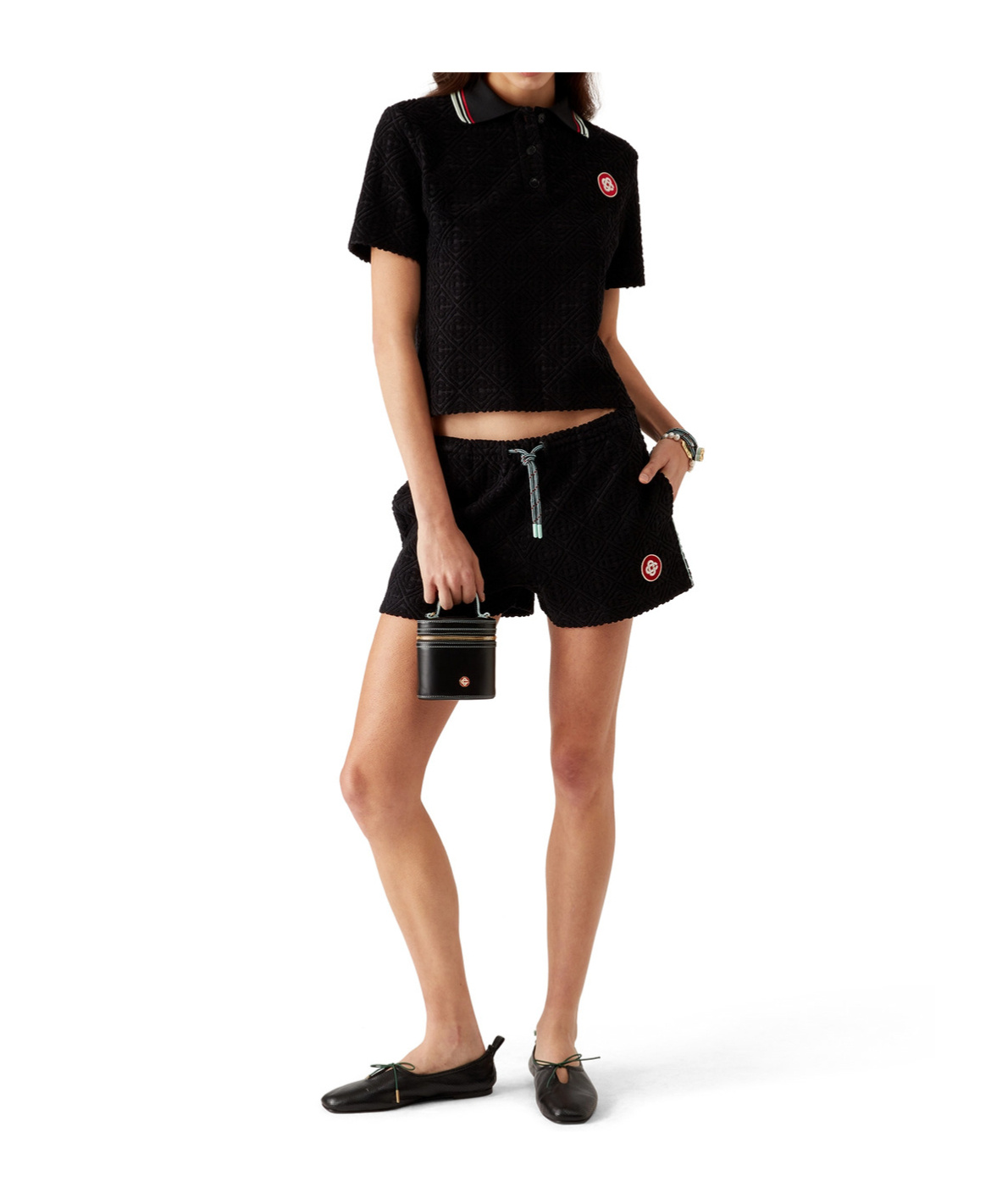 Casablanca Monogram Textured Elastic Waist Drawstring Shorts In Black
