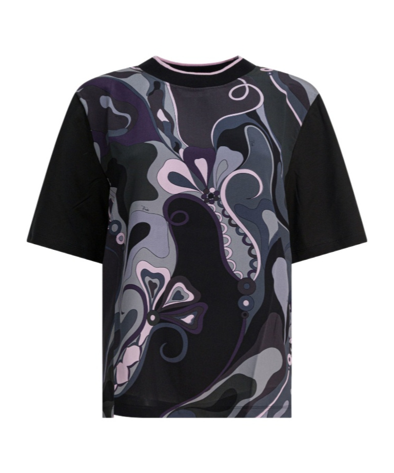Pucci Cotton And Silk Crewneck T-shirt With Print T-shirts Black In Black