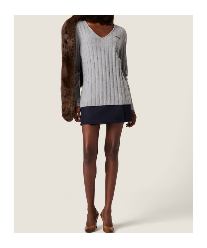 Miu Miu Wool And Cashmere V-neck Sweater In Gray