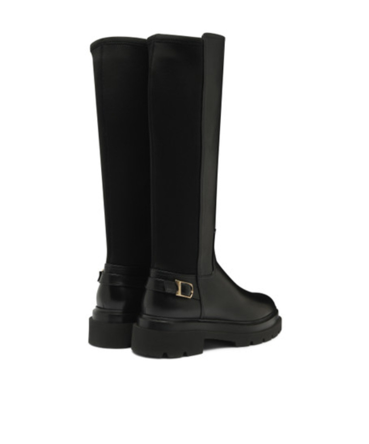 Santoni Leather Stretch Buckle Knee Boots In Black