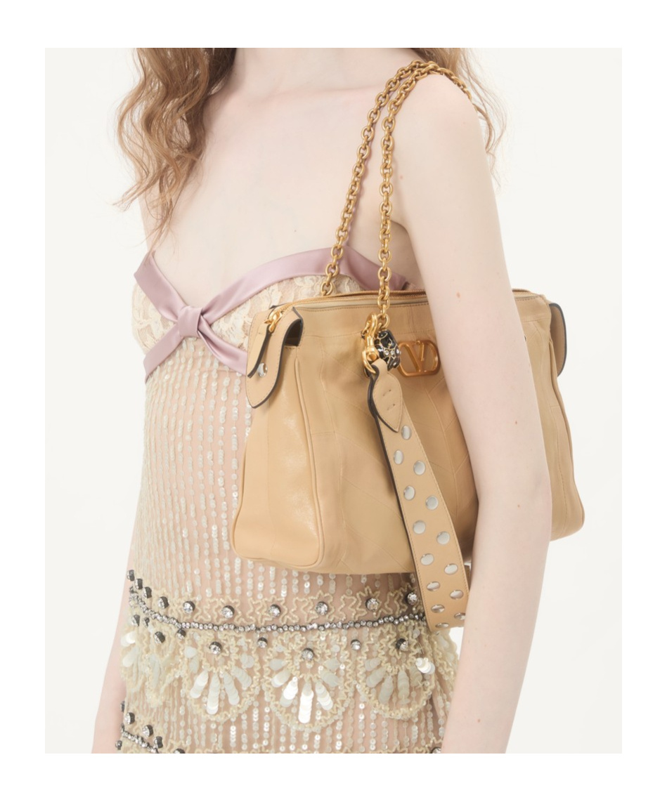 Valentino Garavani Panthea Shoulder Bag In Nappa Leather With Chevron Pattern In Neutral