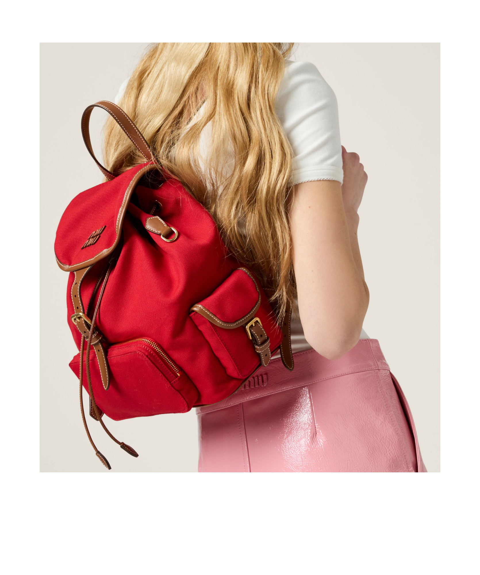 Miu Miu Canvas And Leather Backpack In Red