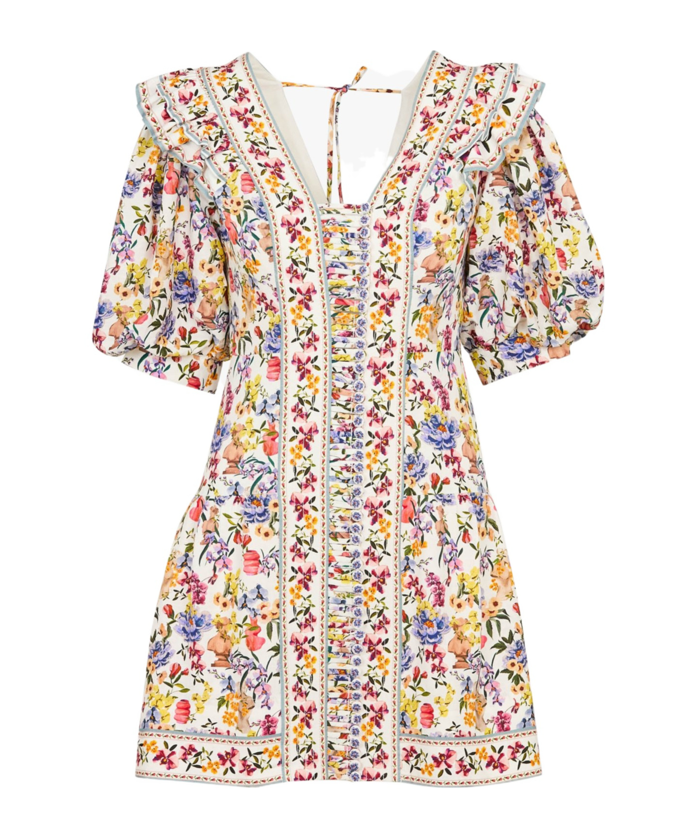 Farm Rio Greek Garden Linen Blend Short-sleeve V-neck Mini Dress