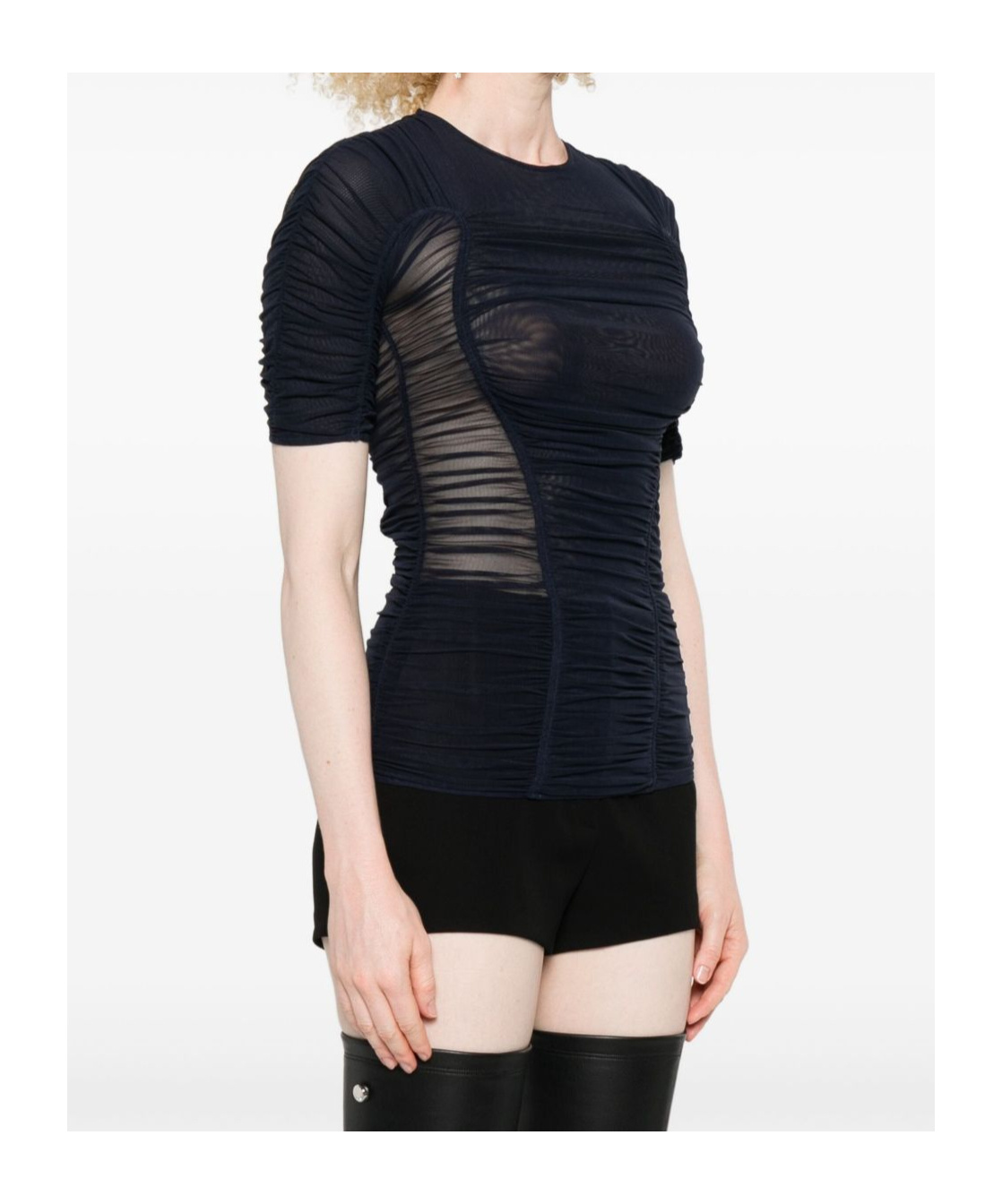 Mugler Crew Neck Mesh Top With Ruched Detailing In Blue