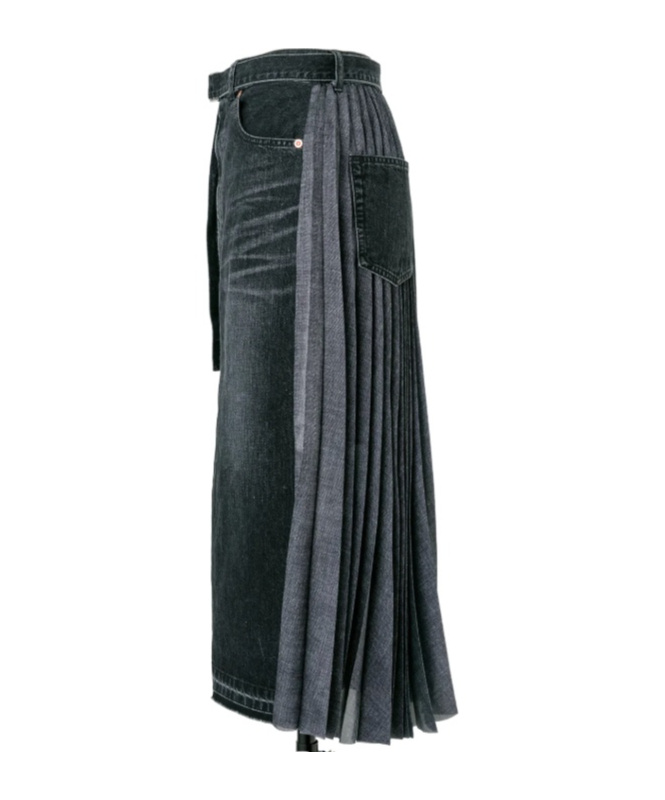 Sacai Black Denim Pleated Skirt With Adjustable Waist Belt In Black
