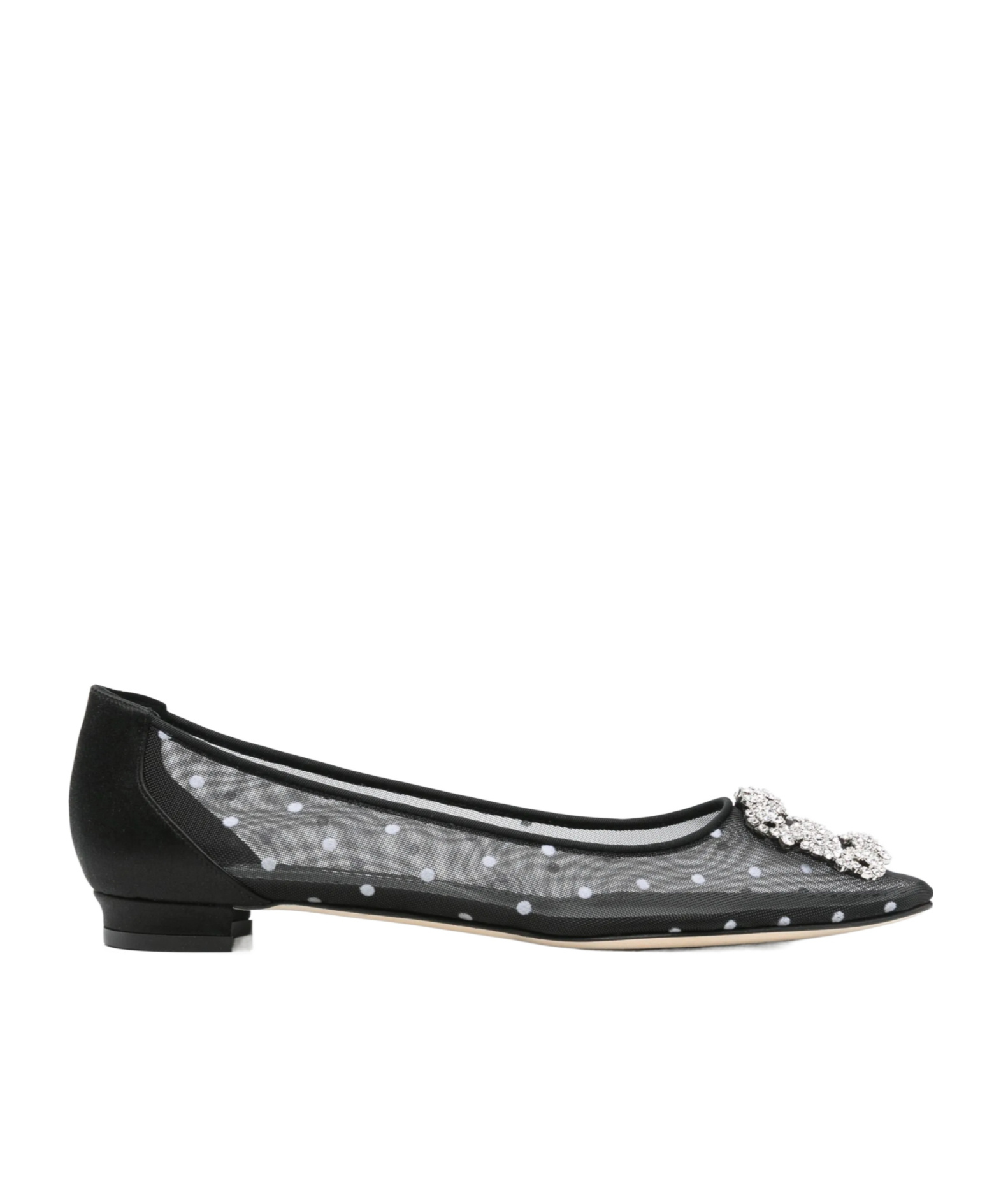 Manolo Blahnik Hangisiflat Satin-trimmed Crystal-embellished Flocked Mesh Point-toe Ballet Flats In Black