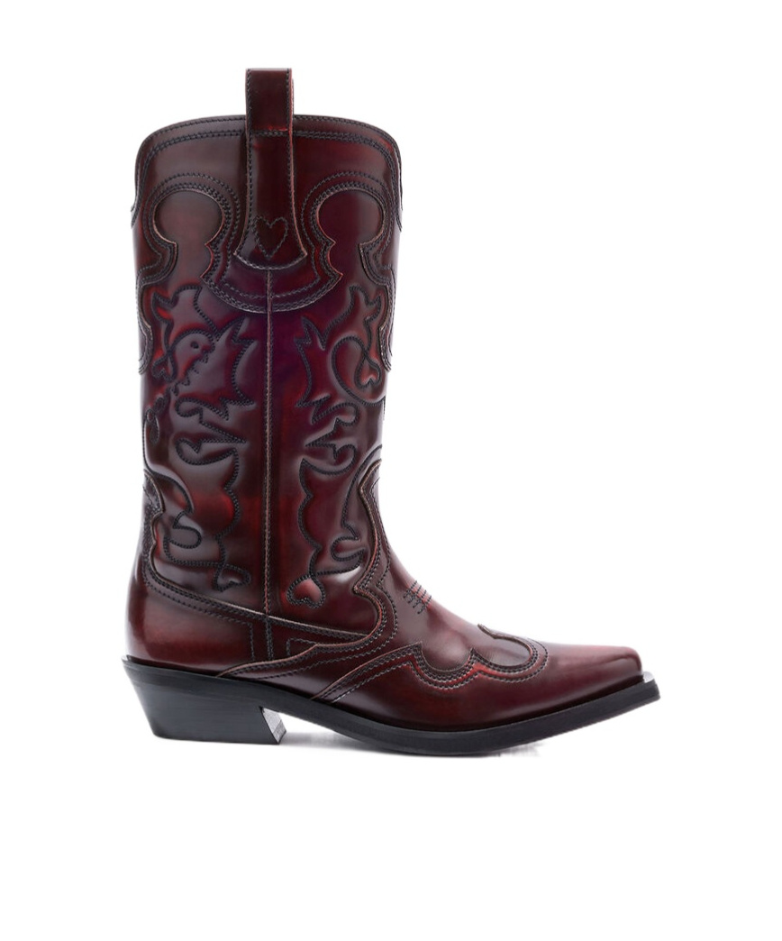 Ganni Mid Shaft Embroidered Western Boots In Burgundy