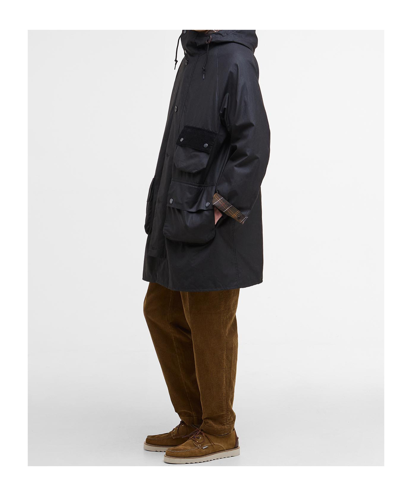 Barbour Long Hooded Jacket Flap Pockets In Black