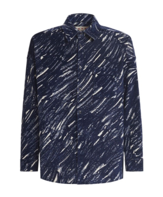 MARNI BLUE FLOCKED DENIM OVERSIZED SHIRT WITH CRAYON PRINT