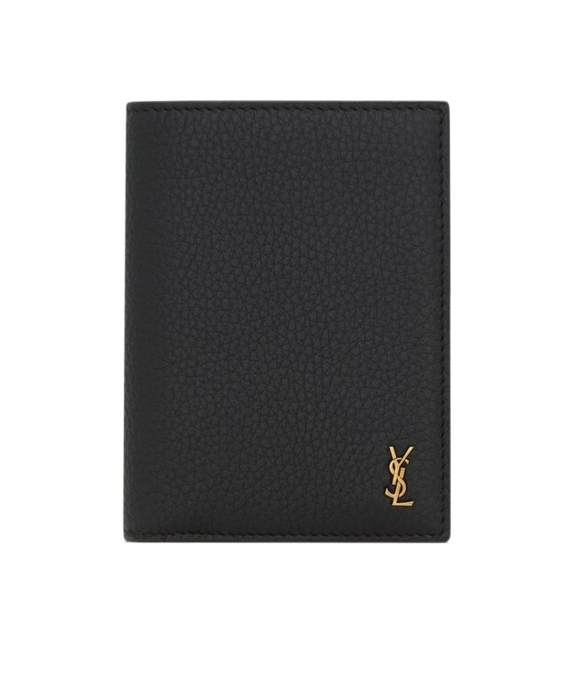 Saint Laurent Tiny Cassandre Credit Card Wallet In Grained Leather In Black
