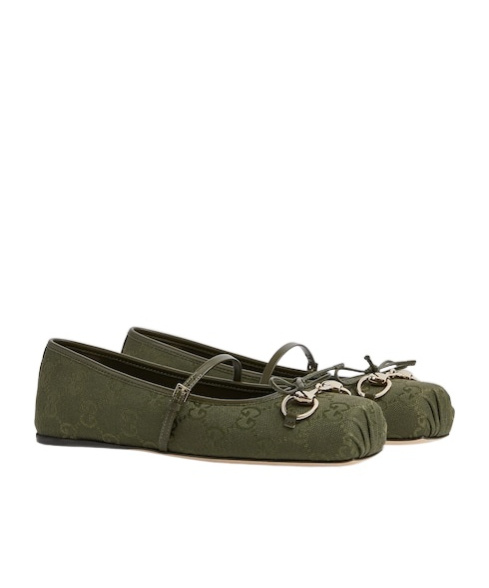 Gucci Canvas Gg Horsebit Ballerina Flats In Green