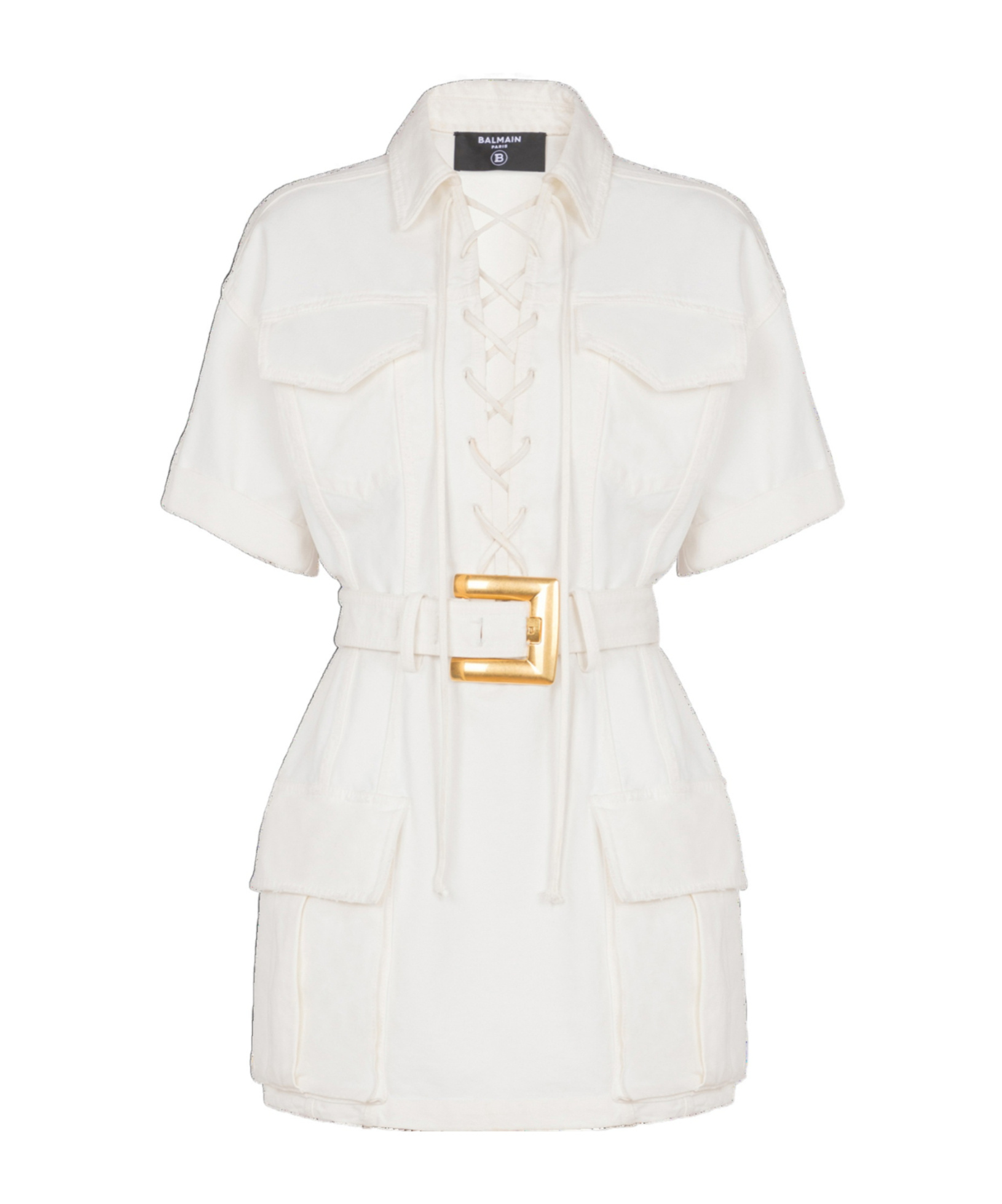 Balmain Short Dress With Belted Waist And Front Pockets