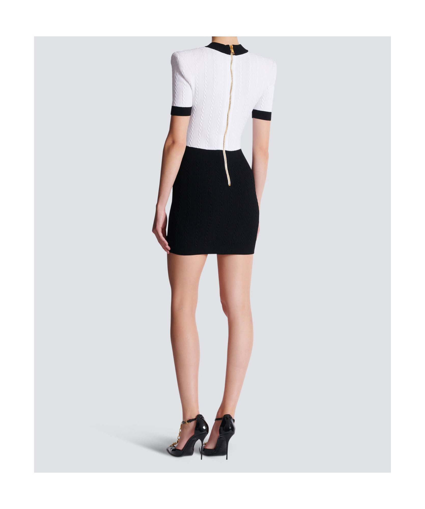 Balmain V-neck Buttoned Strong-shoulder Torsade Knit Mini Dress